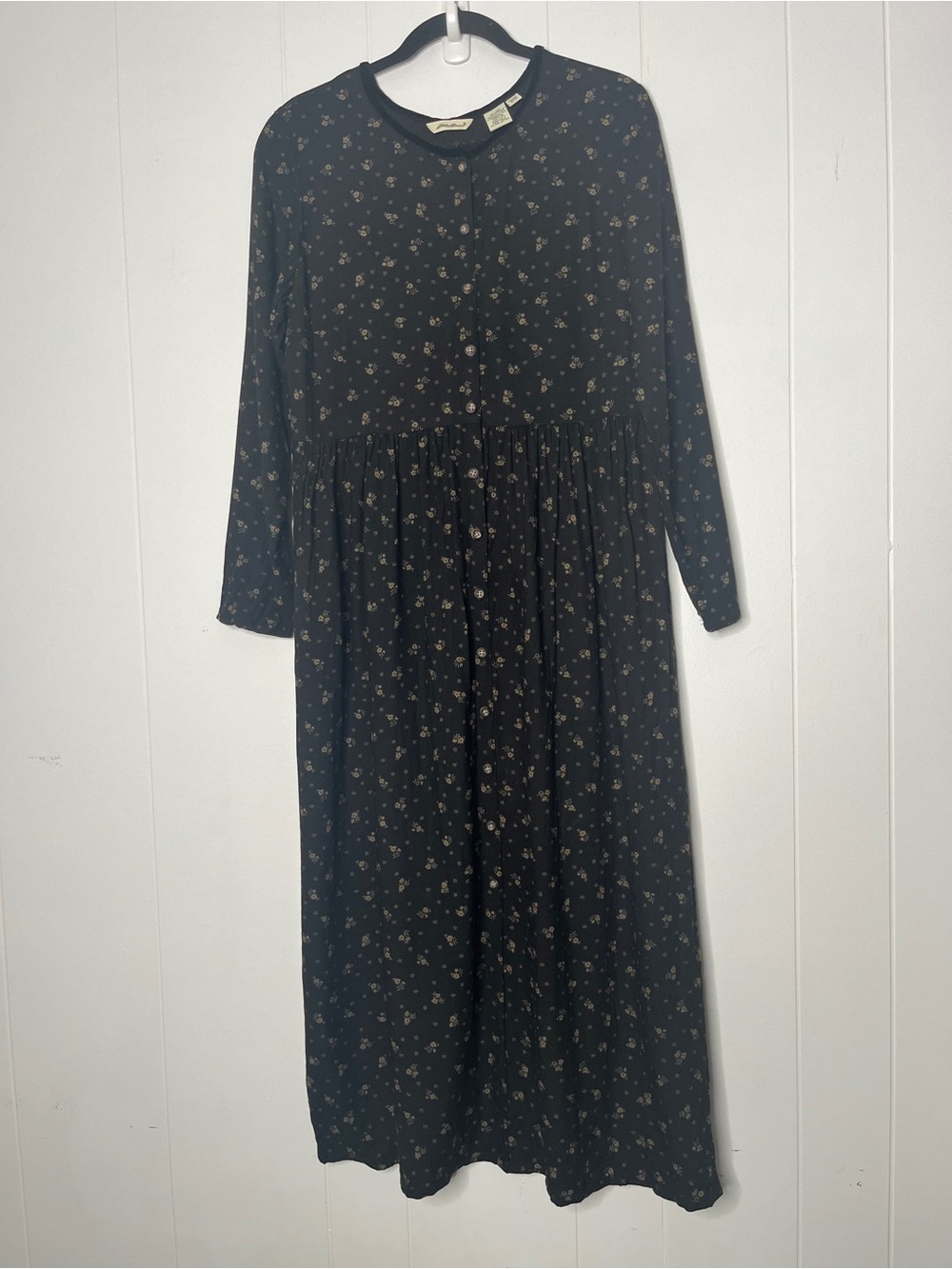 Eddie Bauer Black Floral Long Sleeve Midi Dress Button Front Size M Wool Blend